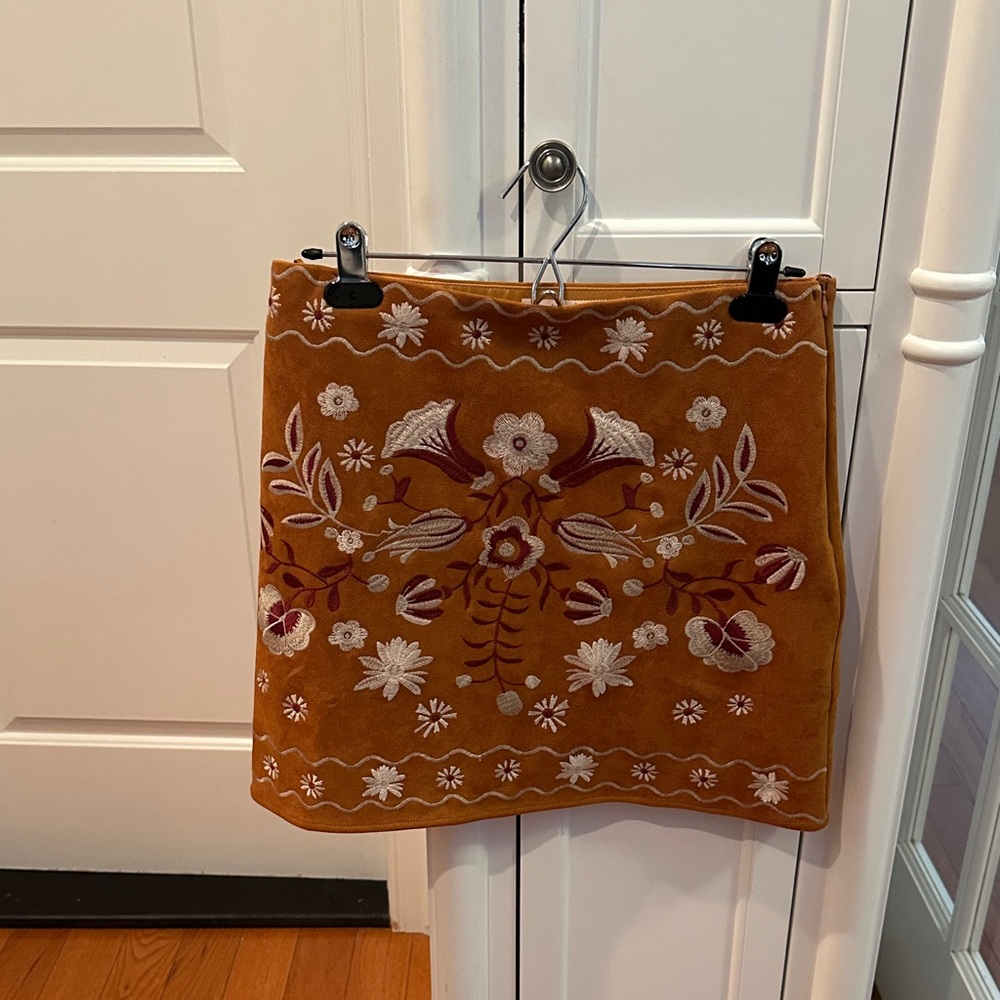 Embroidered Floral Faux Suede Mini Skirt